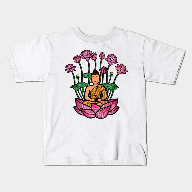 Gautama Buddha sitting meditation lotus pose Kids T-Shirt by Nalidsa